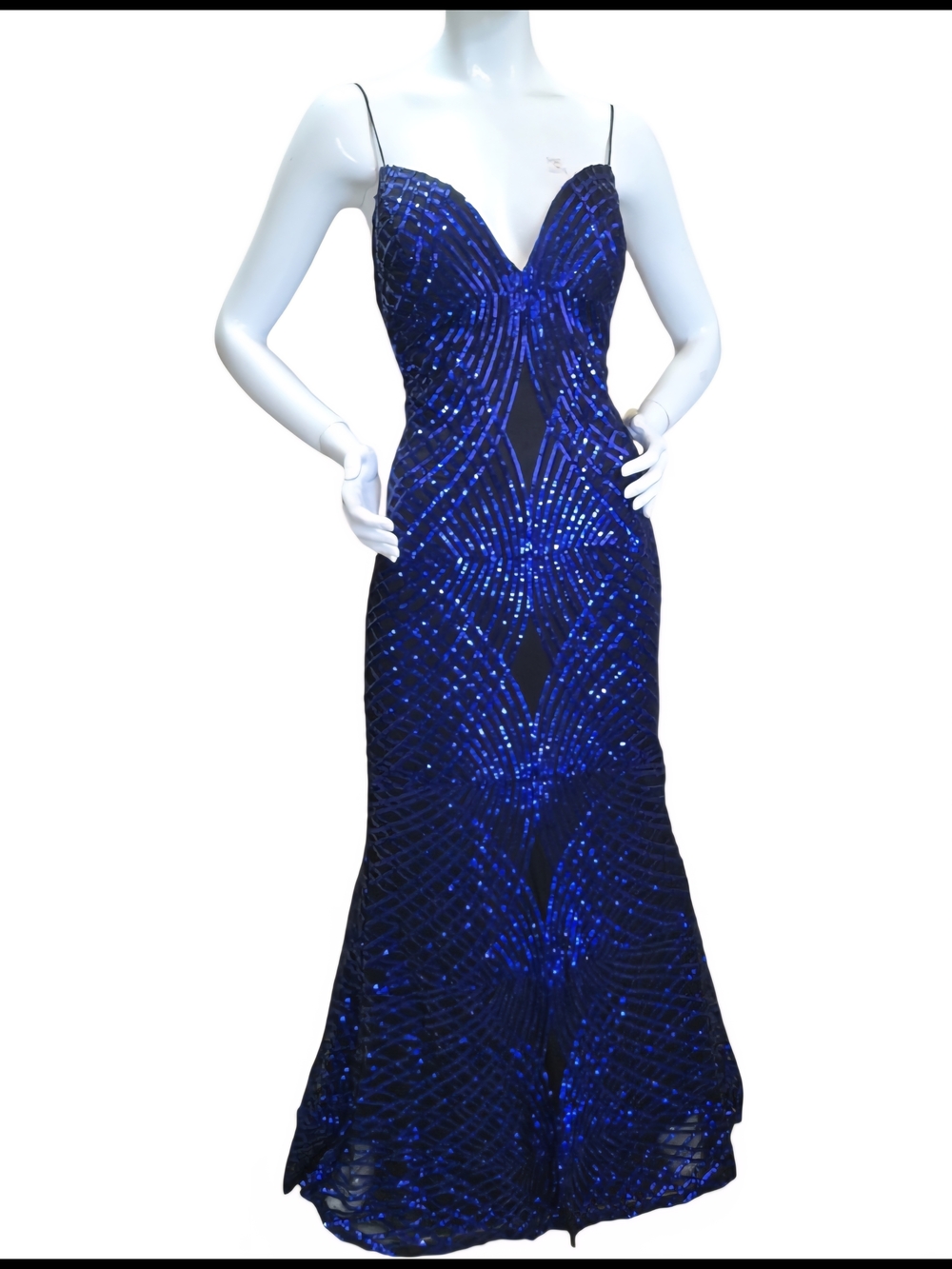 🏷️ NWT  -  Sequined Royal Blue Spaghetti-Strap Column Mermaide Prom Gown Sz L
